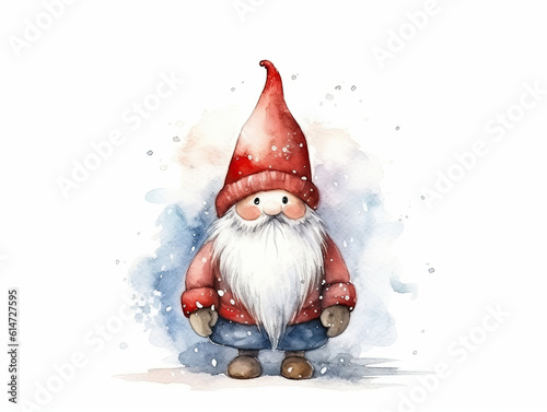 Christmas background from watercolor illustration, cute Swedish Scandinavian Christmas gnome nisse, tomte, with a big red hat and white beard, in the style of Danish design.