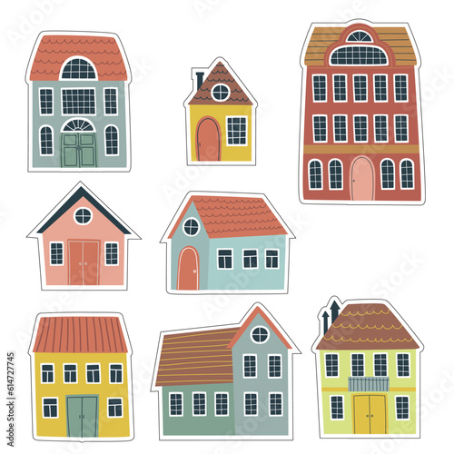 Set of vector illustrations with houses. Vector stickers with clipping path.