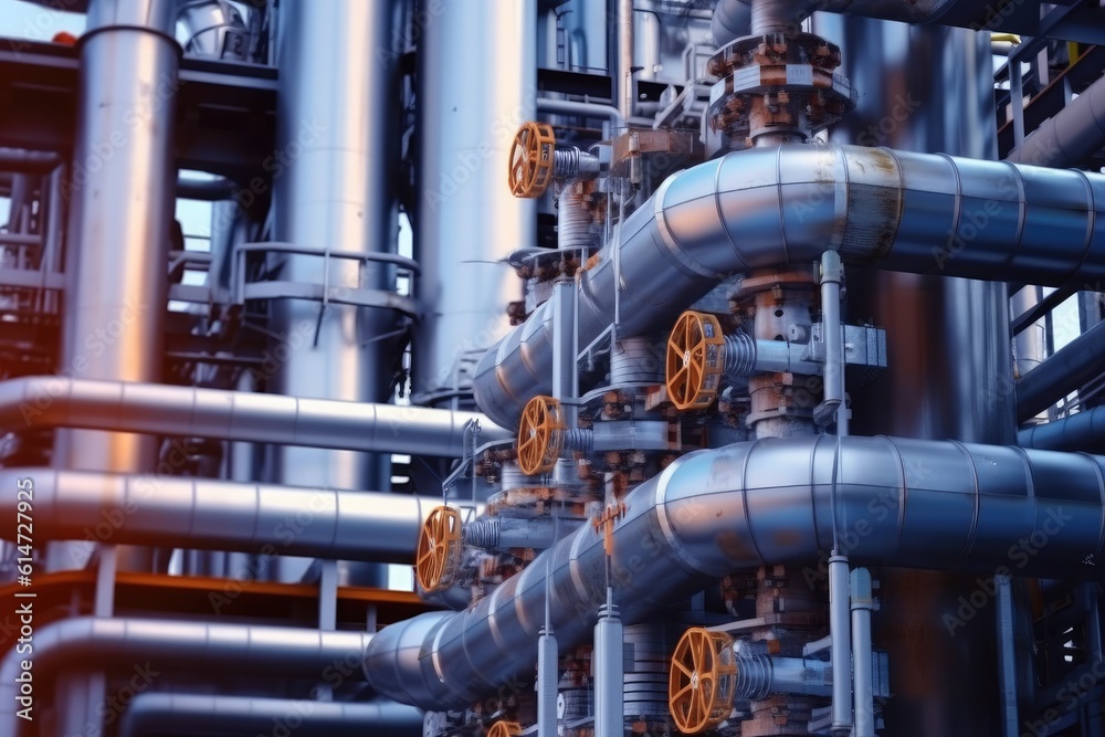 The process of oil refinement with a close - up shot of a distillation tower in an oil refinery plant. Generative AI The process of oil refinement with a close - up shot of a distillation tower in an oil refinery plant. Generative AI