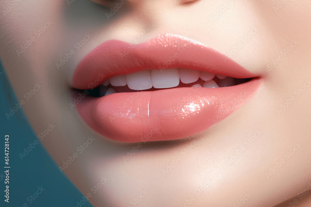 Naklejka premium close up of woman's lips with white teeth