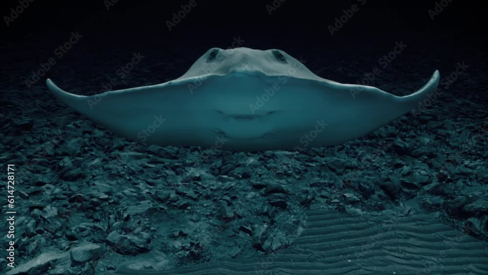 Camera capturing a majestic stingray gracefully gliding on the ocean floor, unveiling its stunning face and captivating underside.