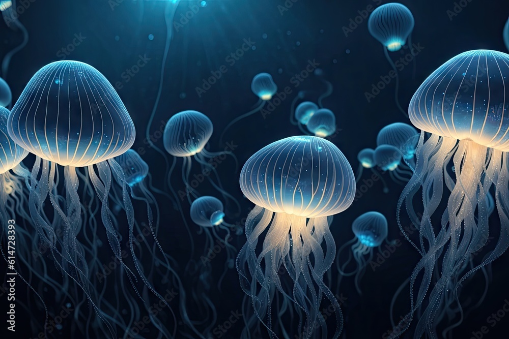 Jellyfish floating in the sea. glow light ai generative