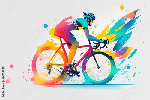 abstract man on his mountain bike ride on colorfull splash ink background, ai generative © Igor