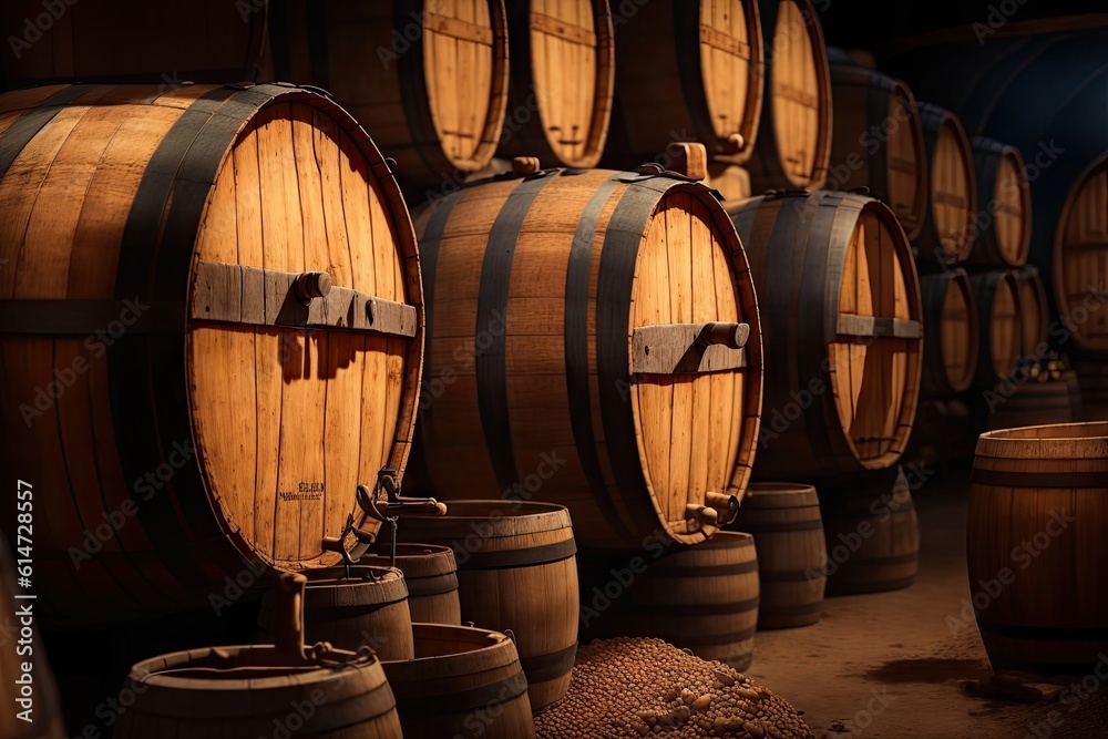 Barrels in the wine cellar, ai generative