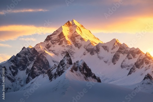 As the sun sets in Nepal, an orange glow lights up the snowcapped rocky Himalayan mountains, ai generative © Igor