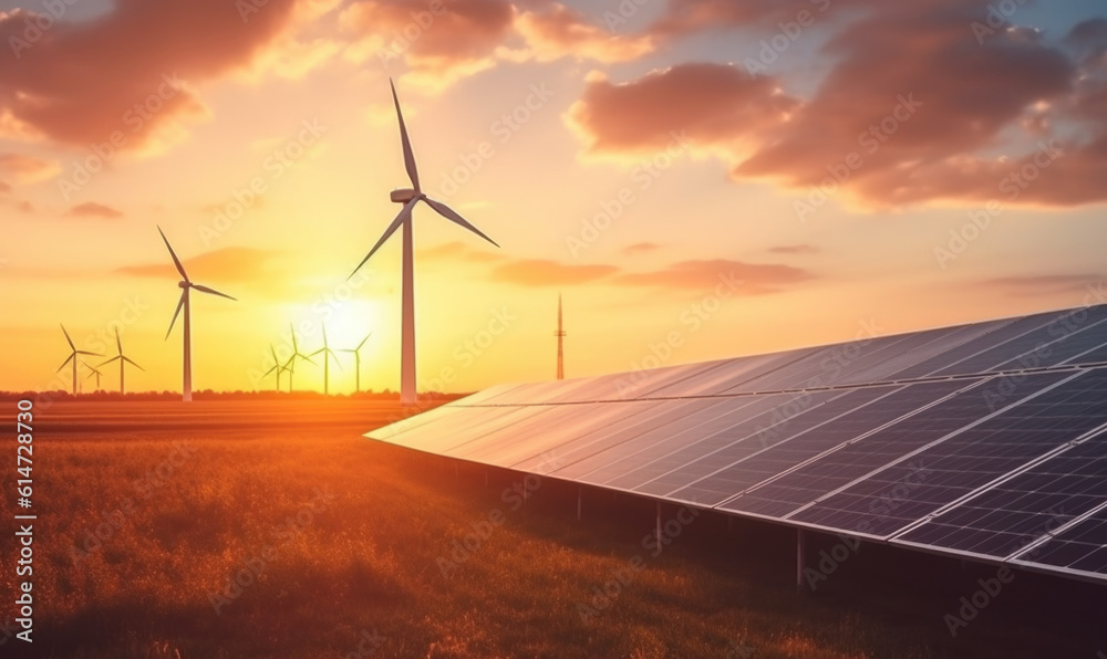Modern Wind turbines and solar panels sunset light. Concept eco green renewable energy.  - obrazy, fototapety, plakaty 