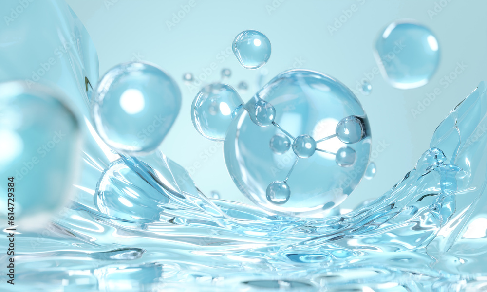 Molecule inside Liquid Bubble. skin care cosmetics solution, 3d illustration