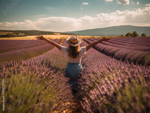 a young woman in the middle of a flowering field of cultivated lavender in the south of France. Generative AI