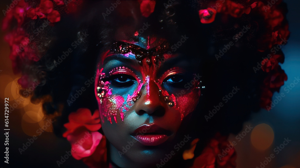 black girl or Sugar skull with bright make-up. Celebrating Halloween or Day of the dead. generative ai, ai, generative