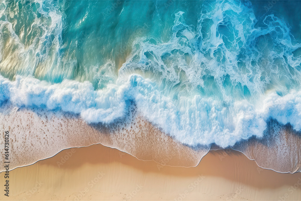 Obraz premium Coast with waves as a background from top view. Summer seascape, Blue water from air. generative ai, ai generative