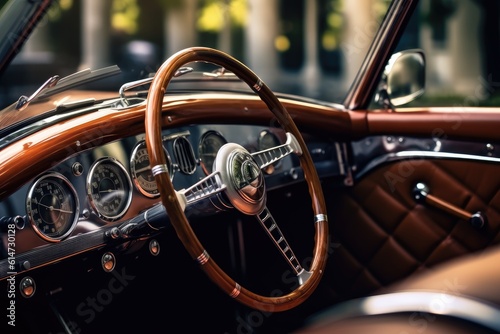 The opulence and refinement of a luxury classic car by taking a close - up view of its interior. Generative AI