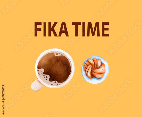Fika time banner with coffee and sweets, Swedish coffee break. Digital watercolor illustration with a yellow background.