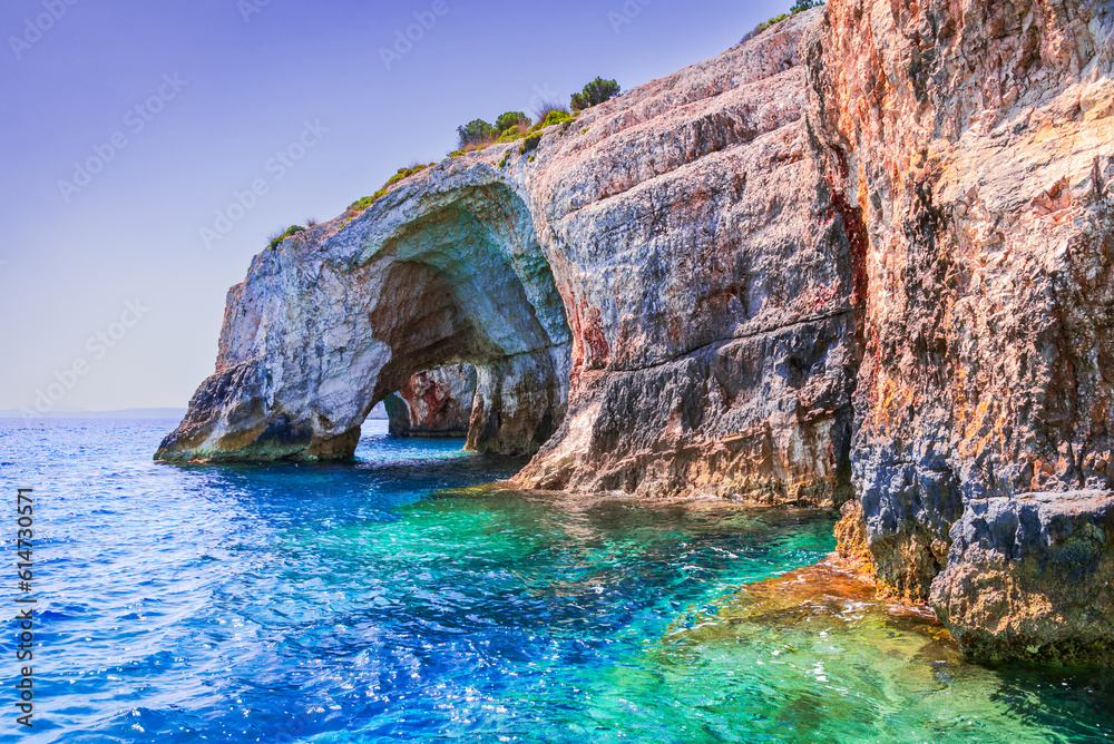 Zakynthos, Greece. Rock arches of Blue Caves, Agios Nikolaos boat trip.