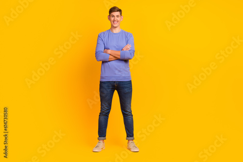 Portrait of attractive wearing casual sweater macho man standing with folded arms isolated on yellow color background