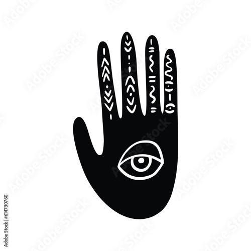Mystic Hand with Third Eye in Linocut Style. Celestial Magic Icon Vector Illustration Isolated on White Background. Boho Witchy Hand Clipart for Tarot Card, Logo, Poster, Packaging Design.