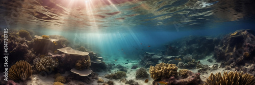 the sun shining through the water over a coral reef with fish swimming below it and a coral reef in the foreground  with sunlight streaming through the water  Generative AI