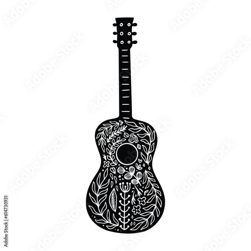Boho decorated floral guitar. Trendy celestial bohemian symbol isolated on white background. Celestial hand drawn linocut guitar with flowers and leaves, wall art. Vector illustration for print