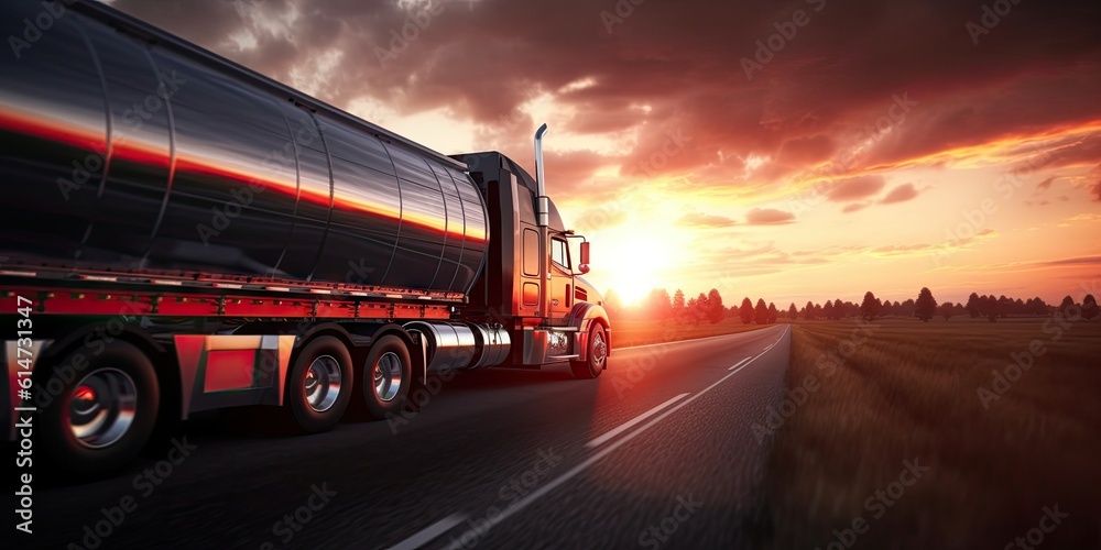 Highway horizons road. Transportation and Oil Industry at Sunset. Powering Business in the Transport Sector Highway horizons road. Transportation and Oil Industry at Sunset. Powering Business in the Transport Sector