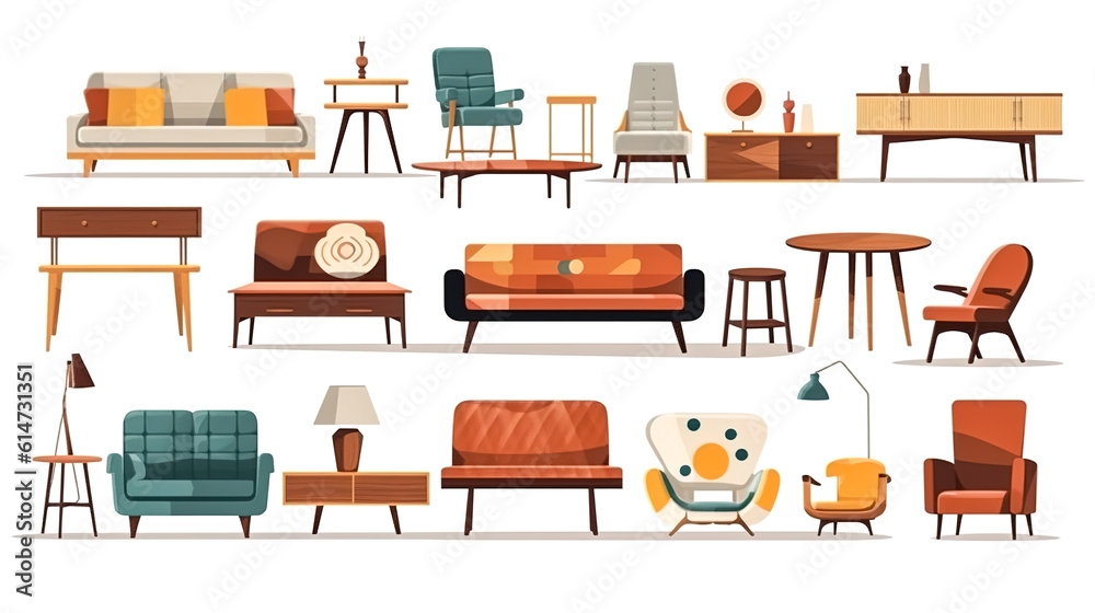 Furniture items on a white background, isolated, generative AI. Furniture items on a white background, isolated, generative AI.