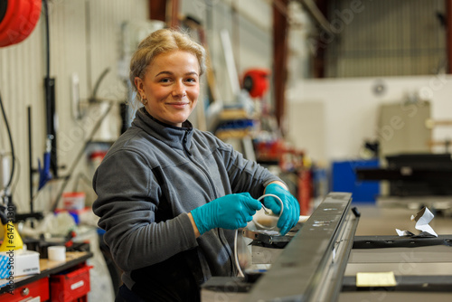Young female industrial worker working in factory