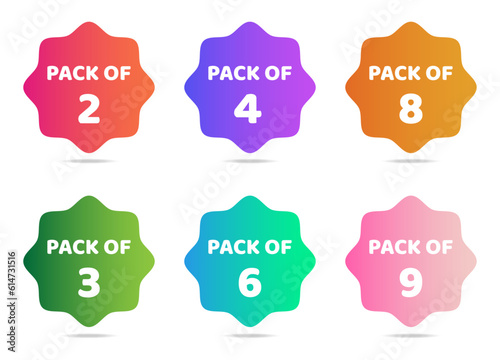 Pack of  2, 3, 8, 4, 9, 6 offer sticker set in gradient style. Discount offer set, pack of 3, pack of 6 and pack of 9 zig- zag round sticker tag set with shadows. Box packaging sticker stamps. Vector