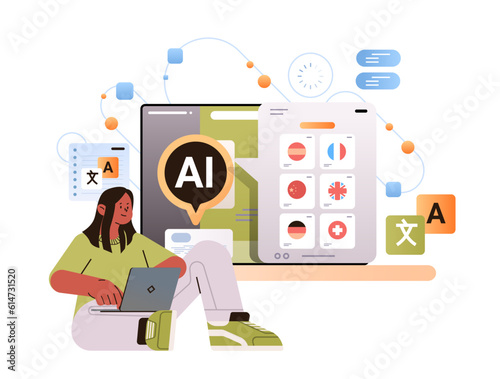 woman learning foreign language in computer app with ai helper bot education concept