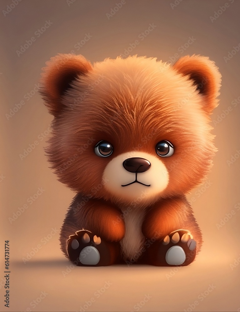 Cute fluffy plush kid teddy bear with brown background high resolution