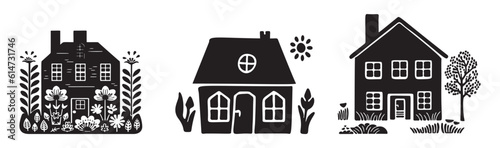 Set of rustic cottage motif in homestead vintage style. Vector illustration of whimsical rural country house. 