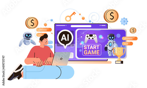 man playing computer video games with ai helper bot game artificial intelligence technology concept