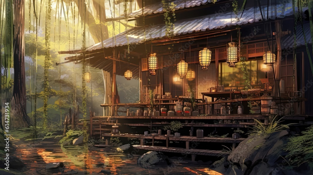 Tranquil Harmony: Serene Tea House in a Bamboo Forest Generative AI 1