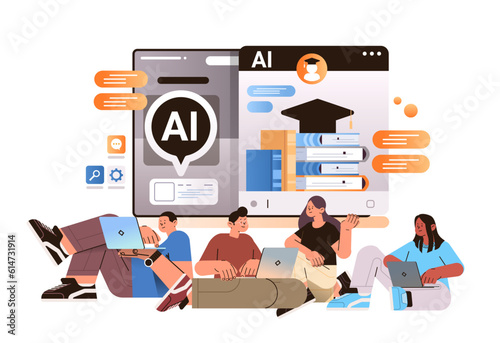 students learning online in computer app with ai helper bot education assistant e-learning concept