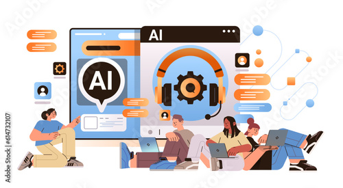 businesspeople technical team using computer app with ai helper bot customer service call center support concept