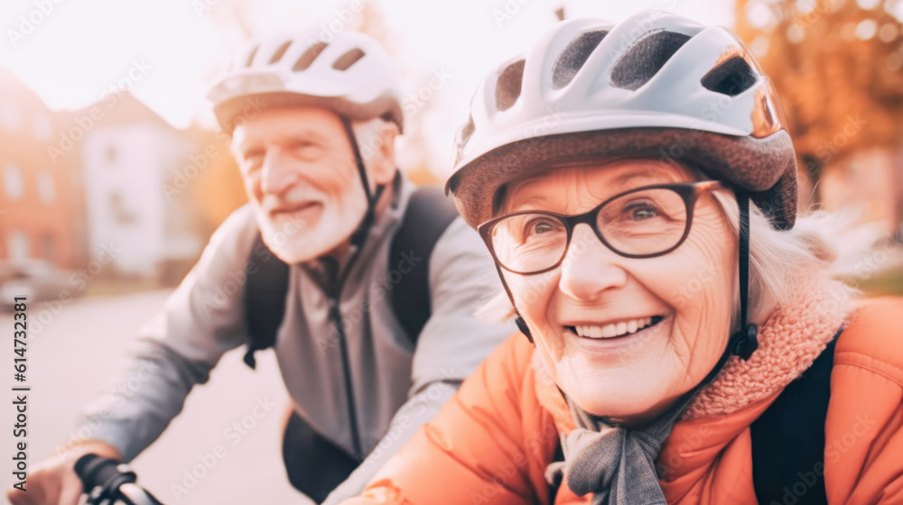 Two happy senior mature people ride bikes together and enjoy walk. The concept of health, active lifestyle in older age Two happy senior mature people ride bikes together and enjoy walk. The concept of health, active lifestyle in older age