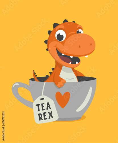 Vector Cute and Funny Cartoon Hand Drawn Dinosaur Drinking Hot Tea Beverage, Holding Cup of Tea. Kids, Children s Illustration, Print