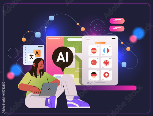 woman learning foreign language in computer app with ai helper bot education concept