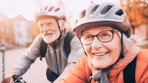 Two happy senior mature people ride bikes together and enjoy walk. The concept of health, active lifestyle in older age