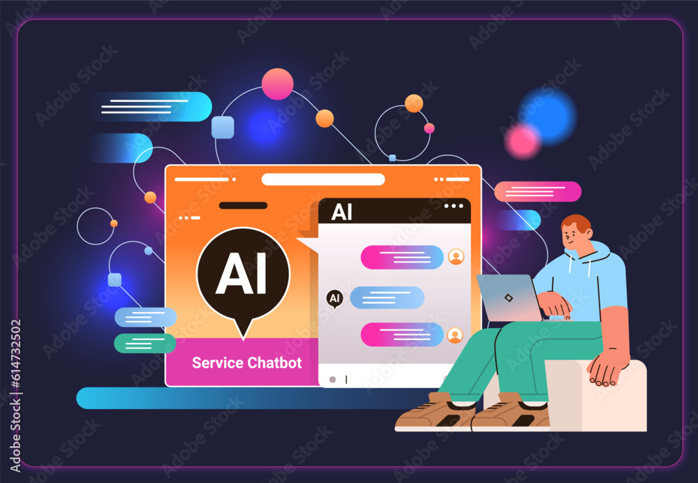 Naklejka premium man having dialog with chat bot asking questions and receiving answers ai chatbot assistance customer service concept