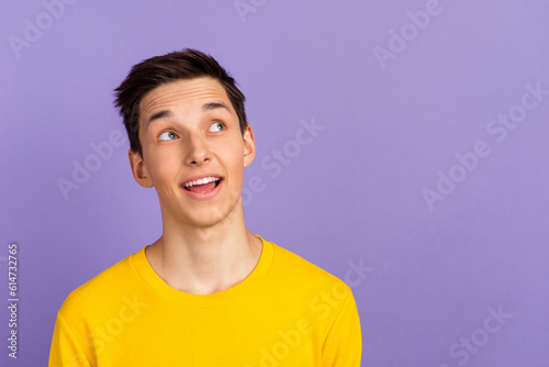 Photo of smart guy feel inspiration thinking decide look empty space isolated on shine color background