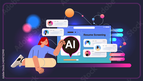 hr manager choosing resume with photo and personal info of new employees job candidates on digital screen recruitment hiring artificial intelligence concept horizontal vector illustration