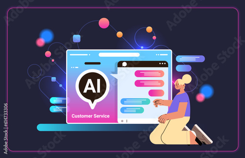 woman chatting with chatbot in computer application ai artificial intelligence technology concept chatbot assistant conversation