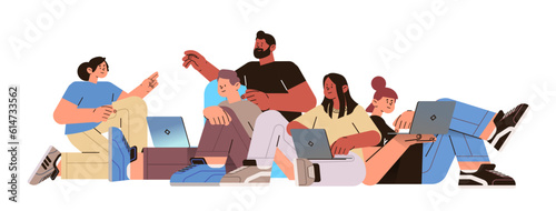 mix race people group using laptops social media communication digital addiction freelance concept