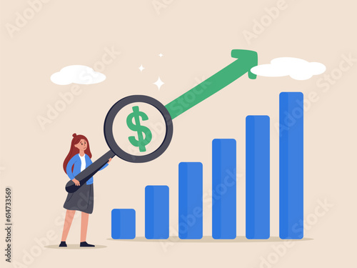 Wages growing concept. Revenue or salary increase, growth investment profit or earning from stock market, money, businesswoman with magnifying glass on dollar money sign with growth graph and chart.