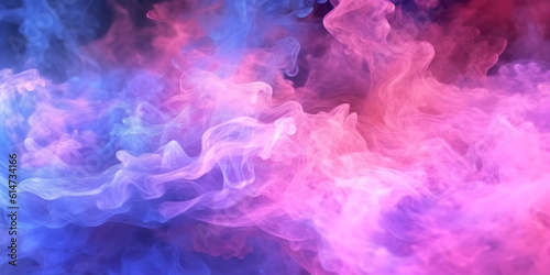  Shiny glitter particles in clouds of pink and blue neon colorful smoke abstract background. Generative AI.