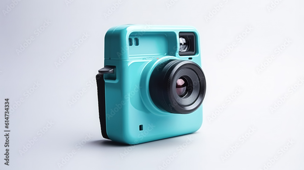 Turquoise polaroid camera isolated on white background, generative AI.