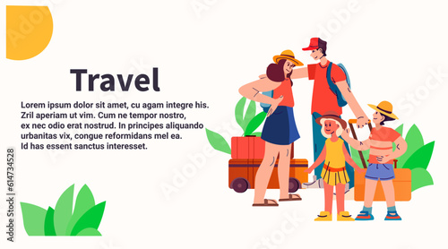 happy family with children and baggage standing together on tropical beach summer vacation holiday time to travel concept copy space