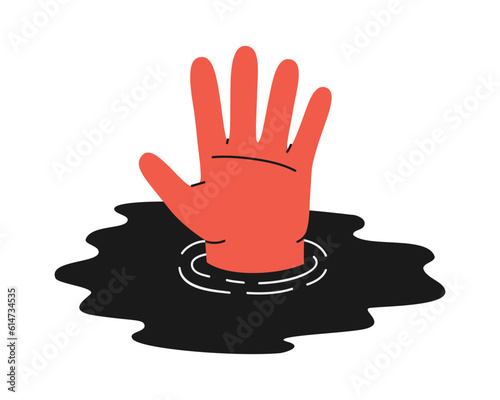 Hand drawn cute illustration of drowning hand. Flat vector sink into depression, problem, addiction in doodle style. Mental health, psychology, deep water sticker, icon. Isolated on white background.