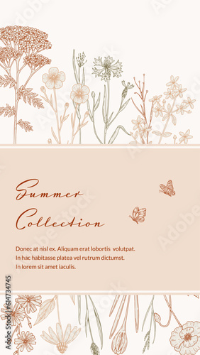 Summer vertical design with wildflowers. Hand drawn vector illustration in sketch style. Social media stories template. Meadow flowers poster. Wedding invitation