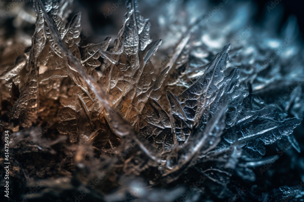 A macro photograph of ice crystals, highlighting the complex structures and patterns . Generative AI