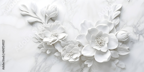  White gypsum flowers on white marble background. Generative AI.