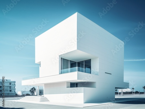 A minimalist modern building with clean lines, a stark white facade, and large windows, set against a clear blue sky . Generative AI